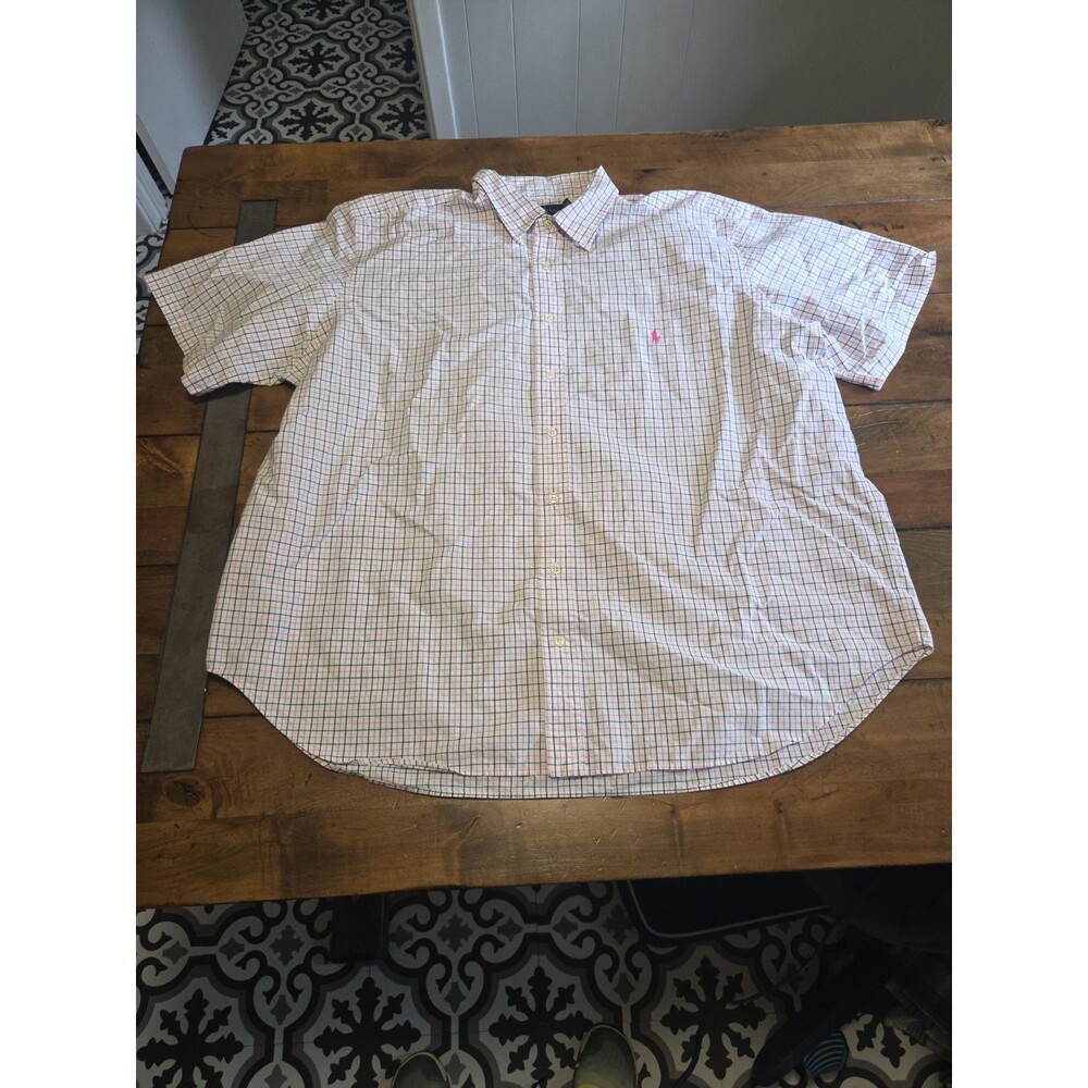 Ralph Lauren Shirt Mens 2XB Big Pink Green Plaid Check Short Sleeve Button Up